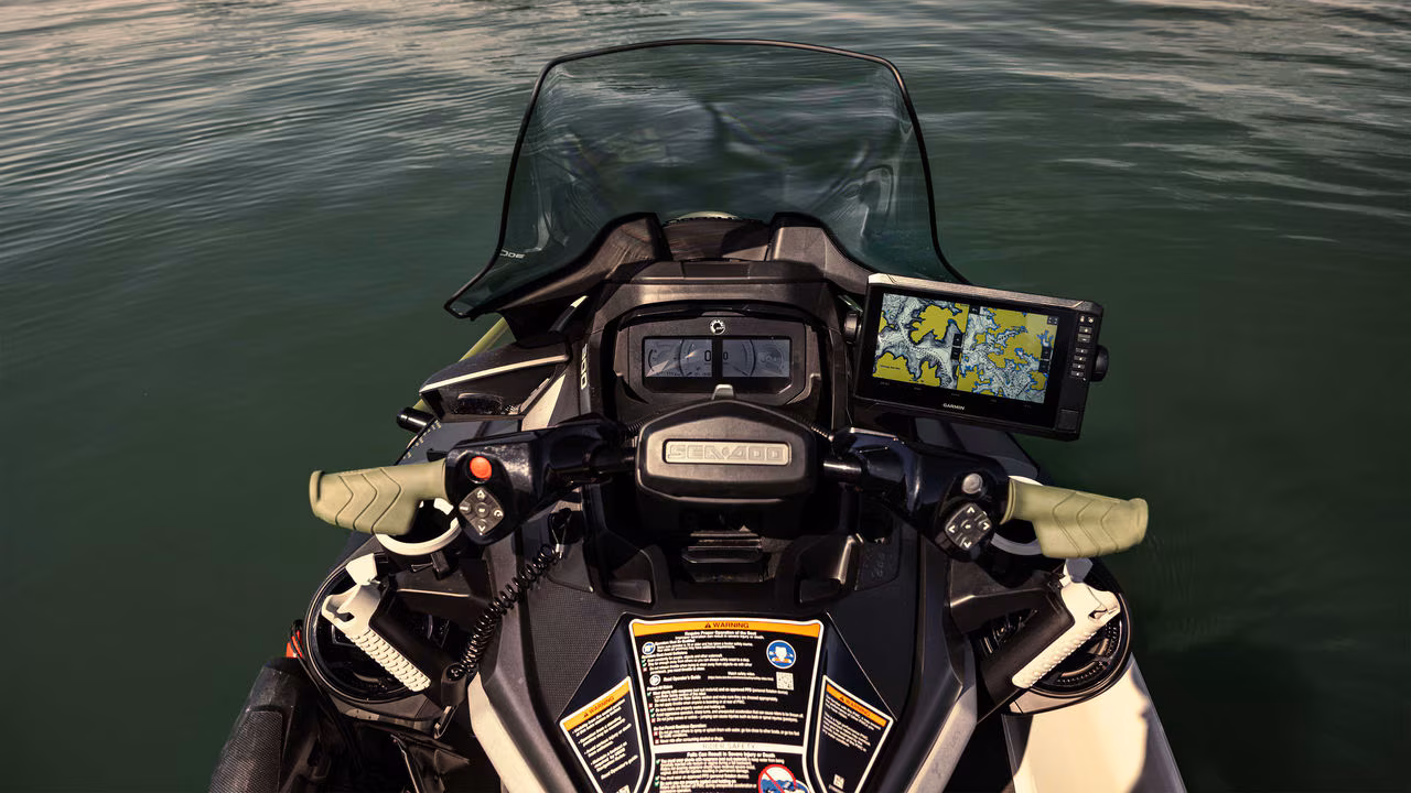 A Garmin navigation tool installed on the 2025 Sea-Doo FishPro Apex personal watercraft